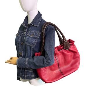 Paolo Masi Red Leather Tote Brown Woven Handles Slouchy Shoulder Bag Italy